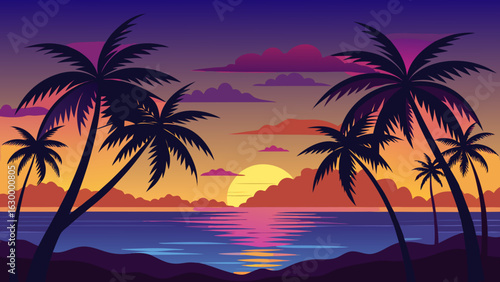 Vector art of dramatic sunset over the ocean with silhouetted palm trees on a tropical beach, casting vibrant reflections on the tranquil sea