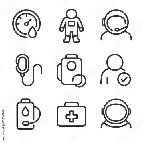 Astronaut Equipment Icon Set. Outline icon set of astronaut equipment checks: oxygen level, pressure suit, communication check,