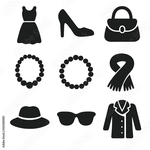 Chic Accessory Icons. Solid, filled icons set of Clothing and accessories for the morning: dress, heels,