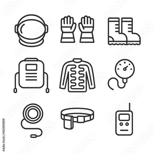 Astronaut Equipment Icons. Outline icon set of astronaut equipment: helmet, gloves, boots, life support backpack, cooling garment,