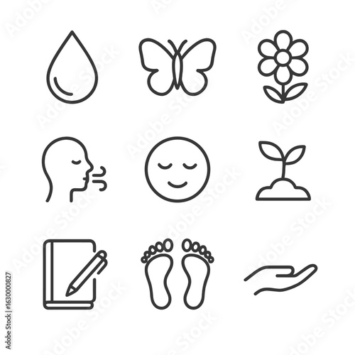 Self-Renewal Icons. Outline icon set of self-renewal: water droplet, butterfly, fresh flower, inhale symbol, relaxed face,