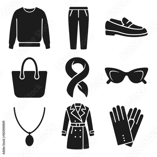 Chic Casual Wear Icons. Solid, filled icons set of chic and casual wear: cashmere sweater, tailored pants,