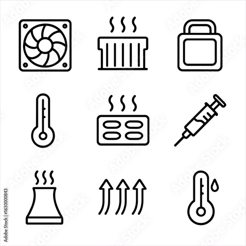 Server Cooling Icons. Outline icon set of server cooling: cooling fan, heat sink, liquid cooling, temperature gauge, air vents,