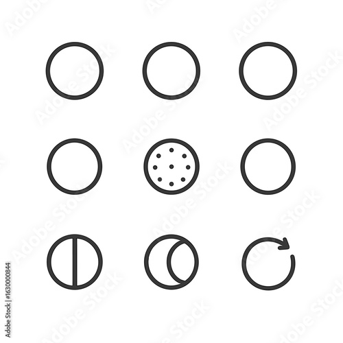 Lunar Phases Icon Set. Outline icon set of lunar phases and tides: new moon, waxing crescent, first quarter, waxing gibbous, full