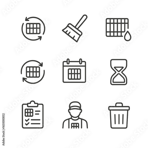 Filter Maintenance Icons. Outline icon set of filter maintenance: filter replacement cycle, cleaning brush, filter status