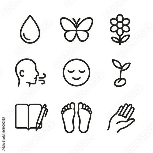 Self-Renewal Icons. Outline icon set of self-renewal: water droplet, butterfly, fresh flower, inhale symbol, relaxed face,