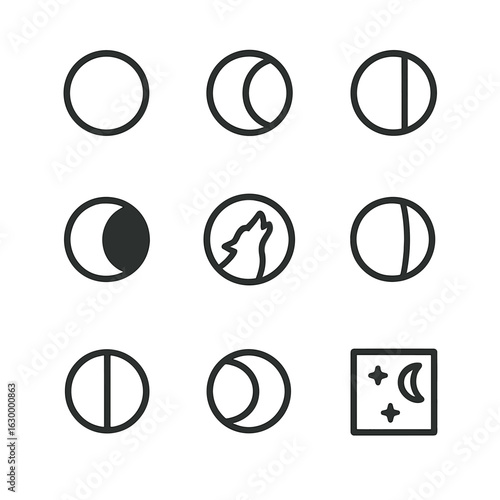 Lunar Phases Icons. Outline icon set of lunar phases and transformation triggers: new moon, waxing crescent, first quarter, waxing