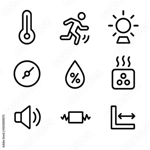 Sensor Icon Set. Outline icon set of sensor measurements: temperature reading, motion detection, light intensity, pressure level,