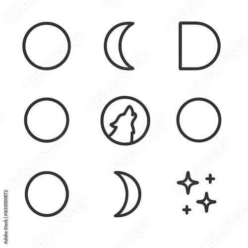 Lunar Phases Icons. Outline icon set of lunar phases and transformation triggers: new moon, waxing crescent, first quarter, waxing