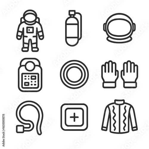 Astronaut Gear Icons. Outline icon set of astronaut vacuum survival gear: EVA suit, oxygen tank, helmet visor, life support system