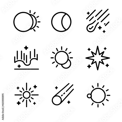 Astronomical Events Icons. Outline icon set of astronomical events: solar eclipse, lunar eclipse, meteor shower, aurora borealis,