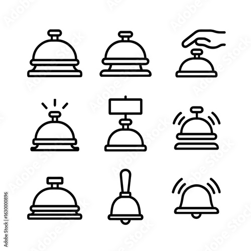 Service Bells Icons. Outline icon set of service bells: hotel desk bell, reception bell, concierge bell, help desk bell, waiter