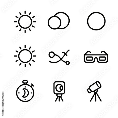 Eclipse Icon Collection. Outline icon set of eclipse events: solar eclipse, lunar eclipse, partial eclipse, total eclipse,