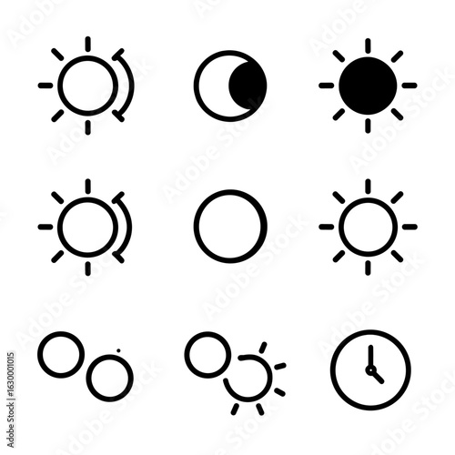 Eclipse Icons Grid. Outline icon set of eclipse timeline: first contact, second contact, totality, maximum eclipse, third contact,