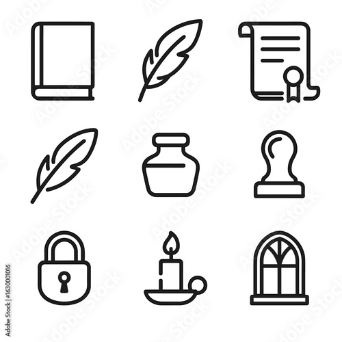 Icon Sets_ Closure and Mindfulness. Outline icon set of closing chapter: book, quill, scroll, feather, ink pot, seal, lock, candle