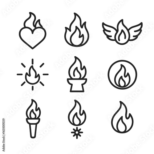 Fire Symbol Icon Set. Outline icon set of fire symbolism: heart flame, burning passion, flame of life, fire wings, blazing sun,