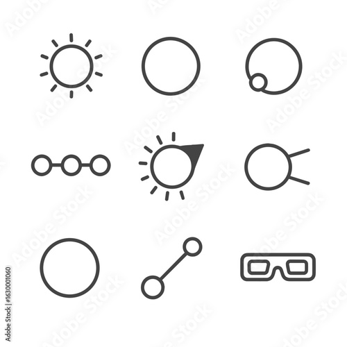 Eclipse Icon Set. Outline icon set of eclipses and transits: solar eclipse, lunar eclipse, planetary transit, syzygy alignment,