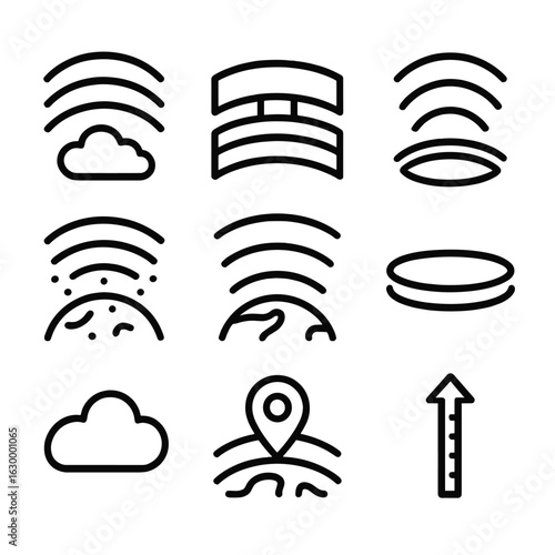Atmospheric Layers Icons. Outline icon set of atmospheric layers: troposphere outline, stratosphere layer, mesosphere boundary,