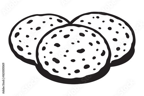 three Chocolate Chip Cookies Illustration in Black and White Perfect for Coloring Pages and Baking Themed Designs