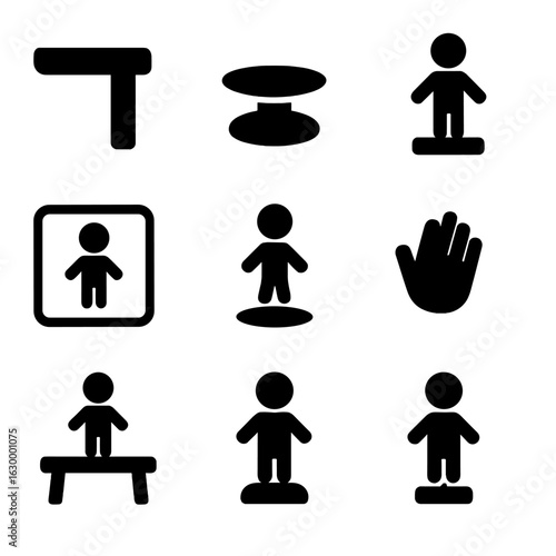 Child-Safe Icon Grid. Solid, filled icons set of child-safe figurine setup: soft edge table, rubber base,