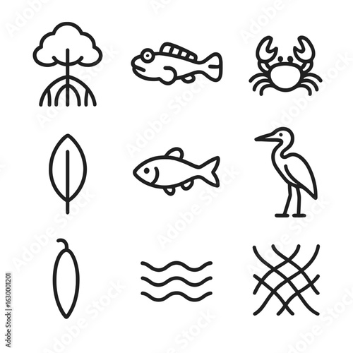 Mangrove Nursery Icons. Outline icon set of mangrove nursery sanctuary: mangrove tree root, mudskipper fish, fiddler crab,