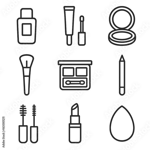Makeup Tools Icons. Outline icon set of makeup tools and products: foundation bottle, concealer tube, powder compact, blush brush,
