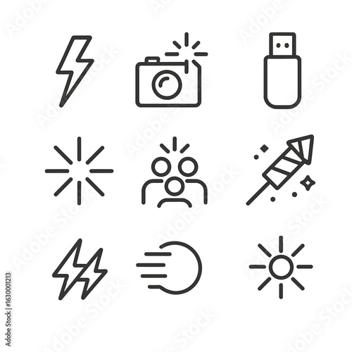 Flash Icon Set. Outline icon set of flash concepts: lightning bolt, camera flash, flash drive, sudden burst, flash mob, firework,