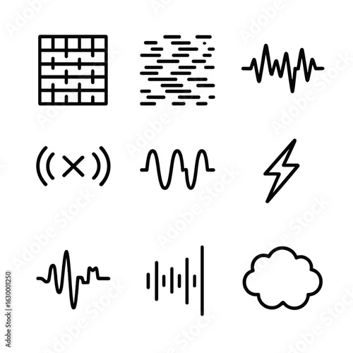 Audio Noise Icon Set. Outline icon set of audio noise concepts: white noise, radio static, sound distortion, interference signal,