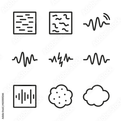 Audio Noise Icon Set. Outline icon set of audio noise concepts: white noise, radio static, sound distortion, interference signal,