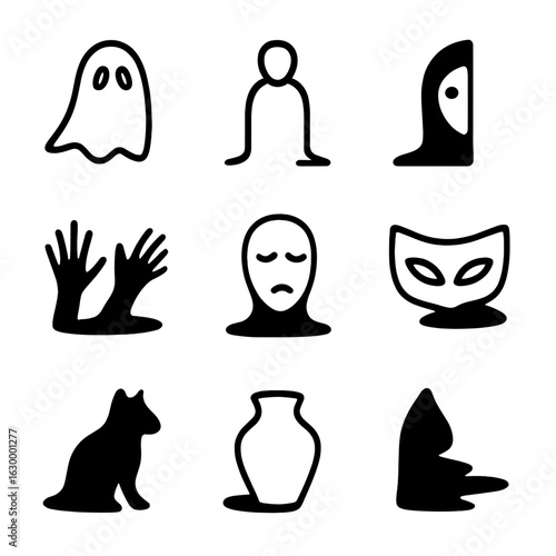 Shadow Icon Ensemble. Outline icon set of symbolic shadows: ghost shadow, shadow figure, hidden shadow, mysterious shadow, shadow