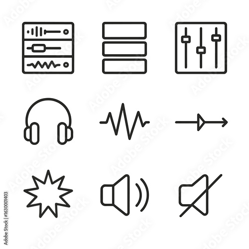 Audio Recording Icons. Outline icon set of multi-track recording: tracks, audio layers, mixing board, faders, headphones, waveform