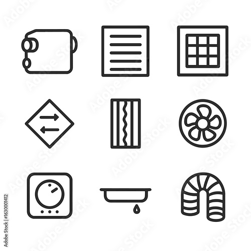 Mechanical Ventilation Icons. Outline icon set of mechanical ventilation and heat recovery systems: HRV unit, supply air grille,