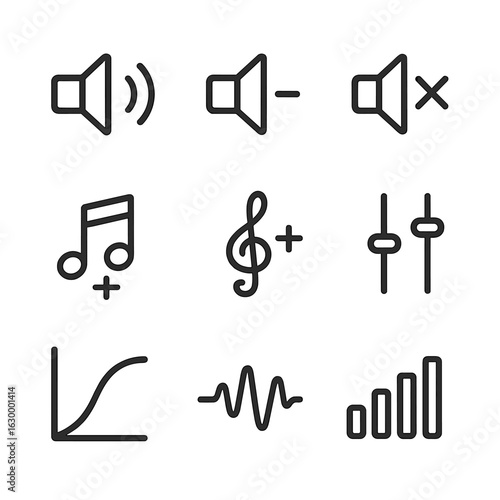 Audio Icon Set. Outline icon set of tone markers: volume up, volume down, mute, bass boost, treble boost, sound balance, tone
