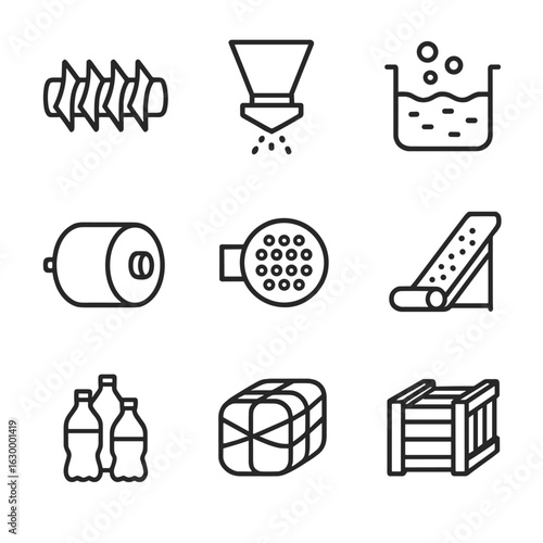 Mechanical Recycling Icons. Outline icon set of mechanical recycling workflows: shredder blade, granulator hopper, washing tank,