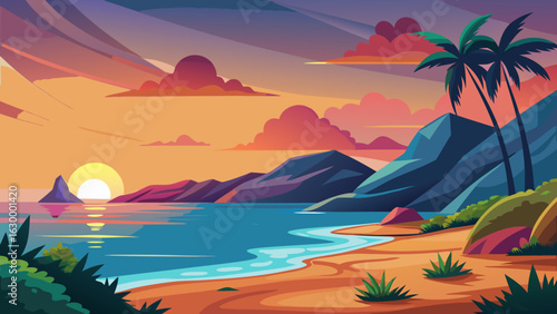 Vector art of scenic sunset over the ocean with silhouetted palm trees and mountains on a tropical beach, reflecting in the water