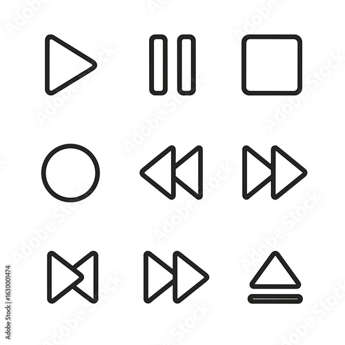 Media Control Icons. Outline icon set of basic media controls: play, pause, stop, record, rewind, fast-forward, skip backward,