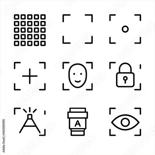 Autofocus Icon Set. Outline icon set of auto focus: focus point grid, tracking rectangle, single-point AF, continuous AF icon,