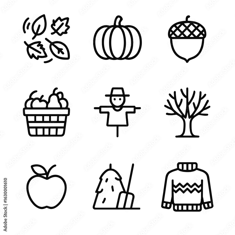 Fototapeta premium Autumn Line Icon Set. Outline icon set of autumn and seasonal fall: falling leaves, pumpkin, acorn, harvest basket, scarecrow,