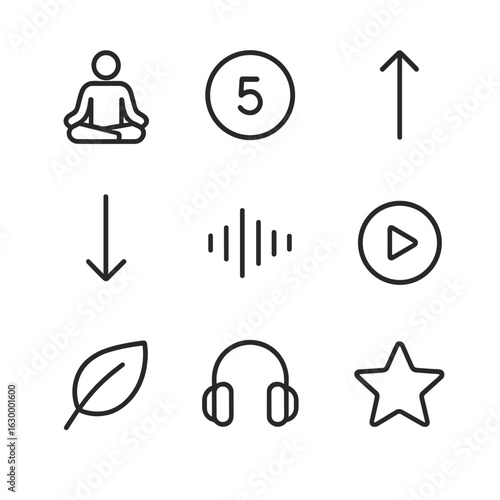 Meditation Icon Set. Outline icon set of guided meditation and breathing: lotus posture, timer countdown, inhale arrow, exhale