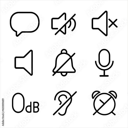 Silent Icon Set. Outline icon set of sound absence: empty speech bubble, crossed sound wave, no audio, volume off, silent bell,