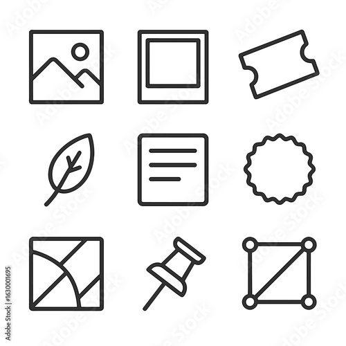 Memory Board Icons. Outline icon set of memory board items: photograph, Polaroid frame, ticket stub, pressed leaf, handwritten