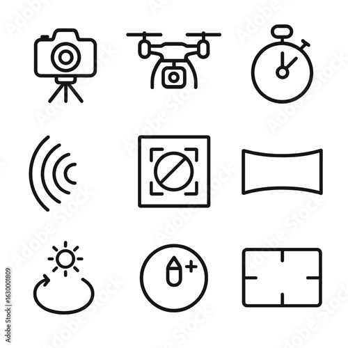 Sky Photography Icons. Outline icon set of sky photography tools: camera on tripod, drone camera icon, long exposure timer, star