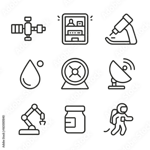 Microgravity Research Icons. Outline icon set of microgravity research equipment: space station module, floating experiment rack,
