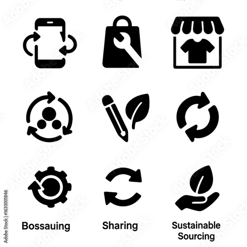Circular Economy Icons. Solid, filled icons set of circular economy practices: product lifecycle, repair shop,