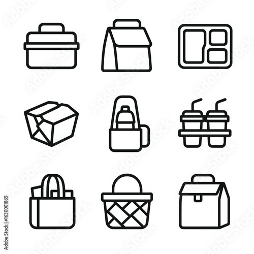 Food Container Icons. Outline icon set of food carry: lunch box, insulated bag, food tray, takeaway container, thermos holder,