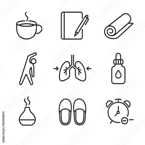 Mindful Routine Icons. Outline icon set of mindful solo routines: morning coffee cup, journal and pen, yoga mat rolled, standing