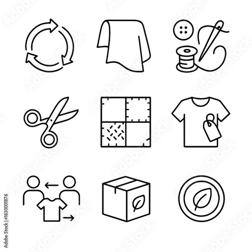 Circular Textile Icons. Outline icon set of circular textile economy: closed loop symbol, fabric reuse,