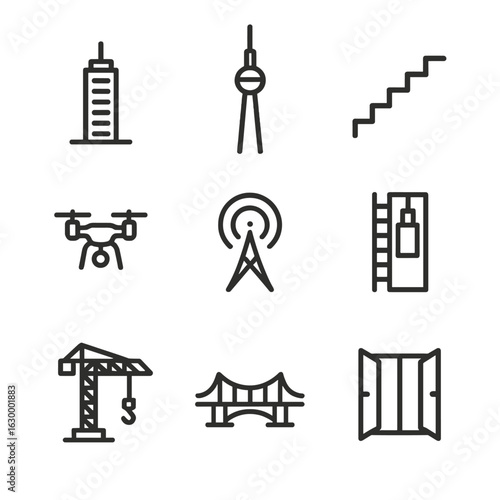 Skyward Architecture Icons. Outline icon set of skyward architecture: tall skyscraper, ascending tower, rising staircase, flying