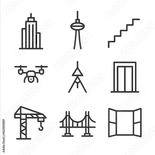 Skyward Architecture Icons. Outline icon set of skyward architecture: tall skyscraper, ascending tower, rising staircase, flying