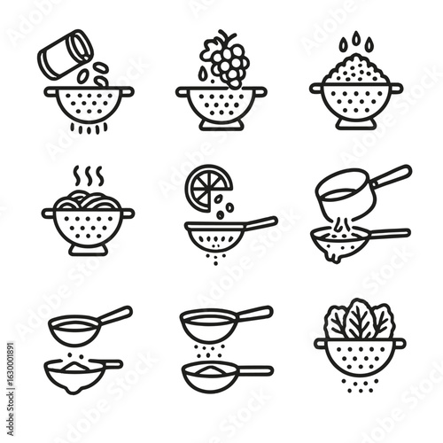 Food Prep Icons. Outline icon set of food prep with colanders: draining canned beans, washing grapes, rinsing quinoa, cooling